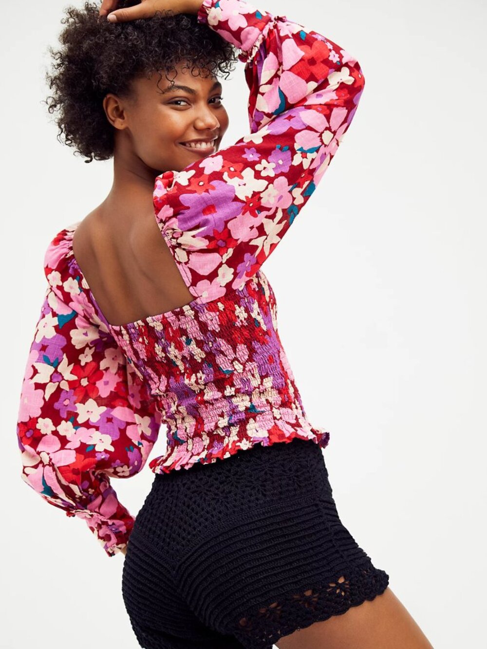 FREE PEOPLE Women's Ariana Pink Floral (Party Combo) Smocked Top sz XS